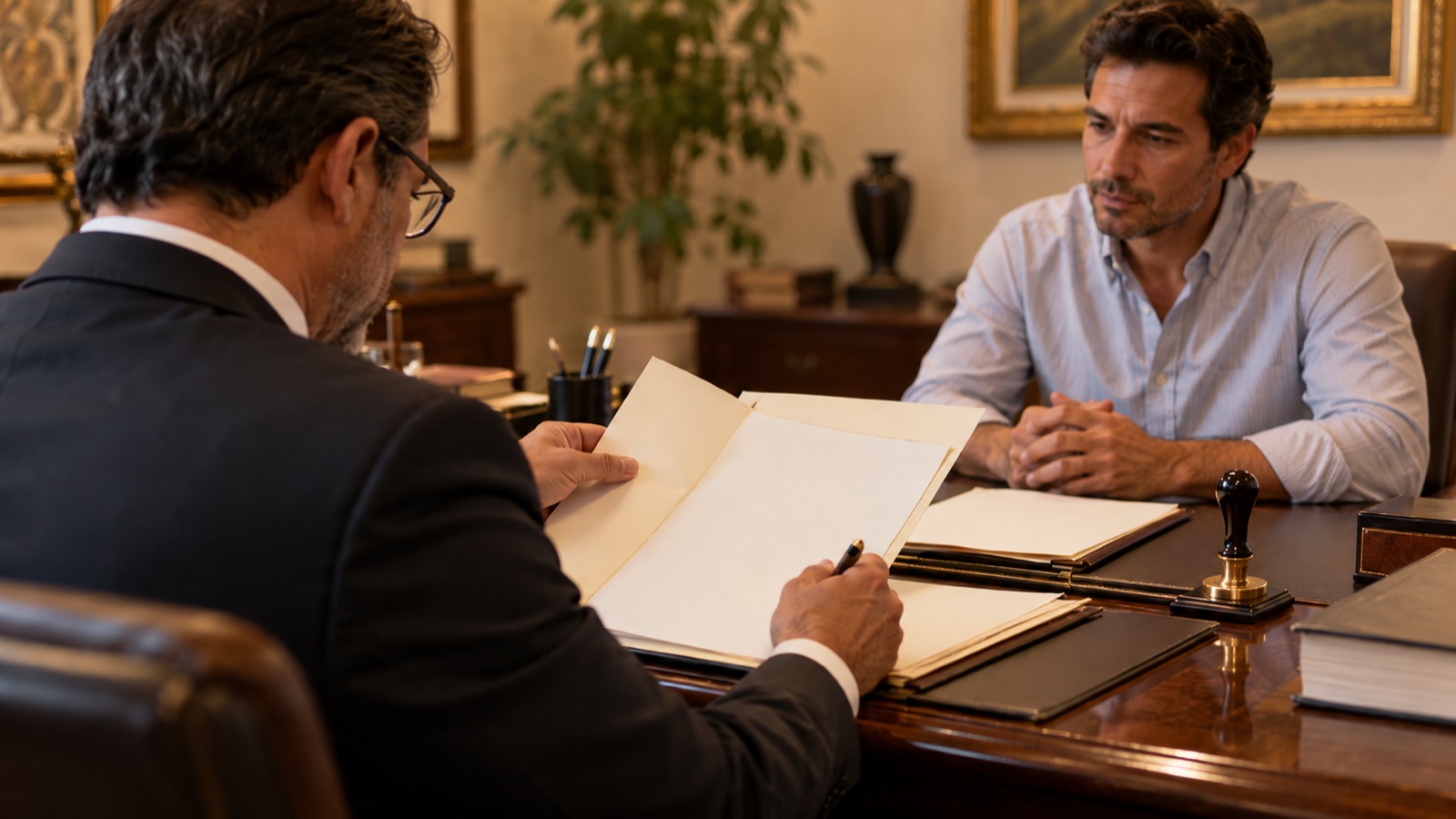 Escritorio notarial con un expediente de identificación abierto junto a un instrumento público